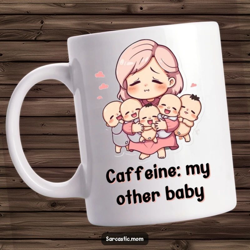 Funny mug with a tired but amused mother figure holding many babies, humorously capturing the joyous chaos of raising kids.