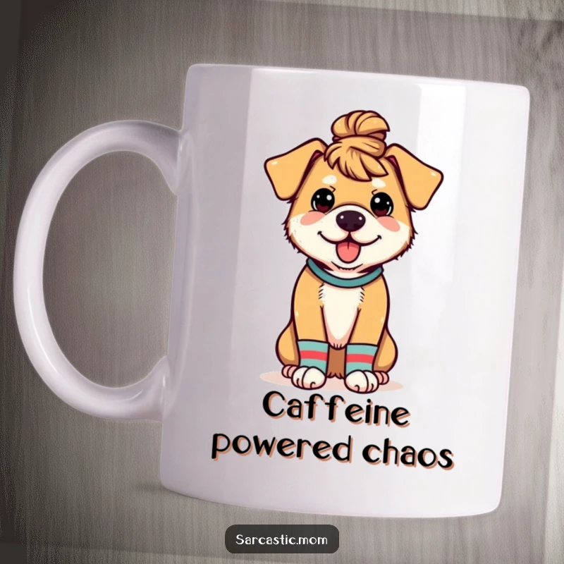 Funny mug featuring a dog mom with a messy bun and mismatched socks, celebrating the relatable, humorous side of dog ownership.