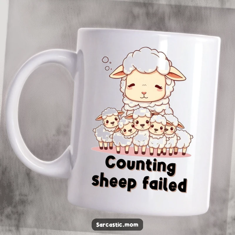 Funny Sheep Mom Mug: A mother sheep sighs deeply while counting fluffy, unruly lambs.