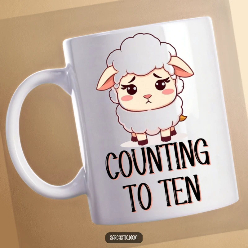 Funny sheep mom character with a patient but clearly exasperated expression. Ideal for a coffee mug, conveying relatable maternal endurance.