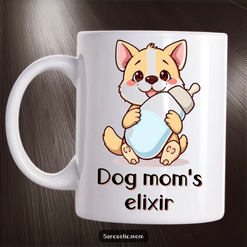 Funny bewildered dog mom holding a giant baby bottle, representing the nurturing yet overwhelming nature of pet parenting.