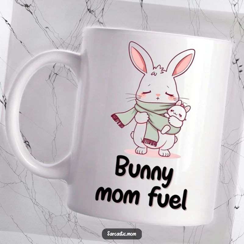 Funny tired bunny mom wearing a baby sling as a scarf, holding a coffee mug, expressing mom exhaustion.