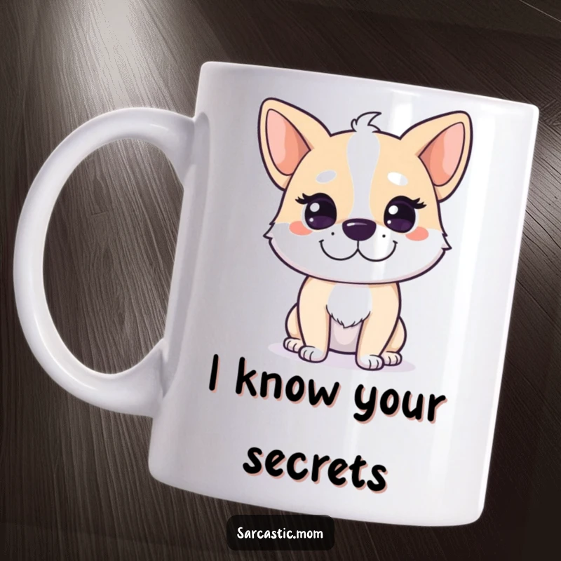 Funny Dog Mom Mug featuring a dog mom character with a knowing smirk, implying shared secrets with her pet.