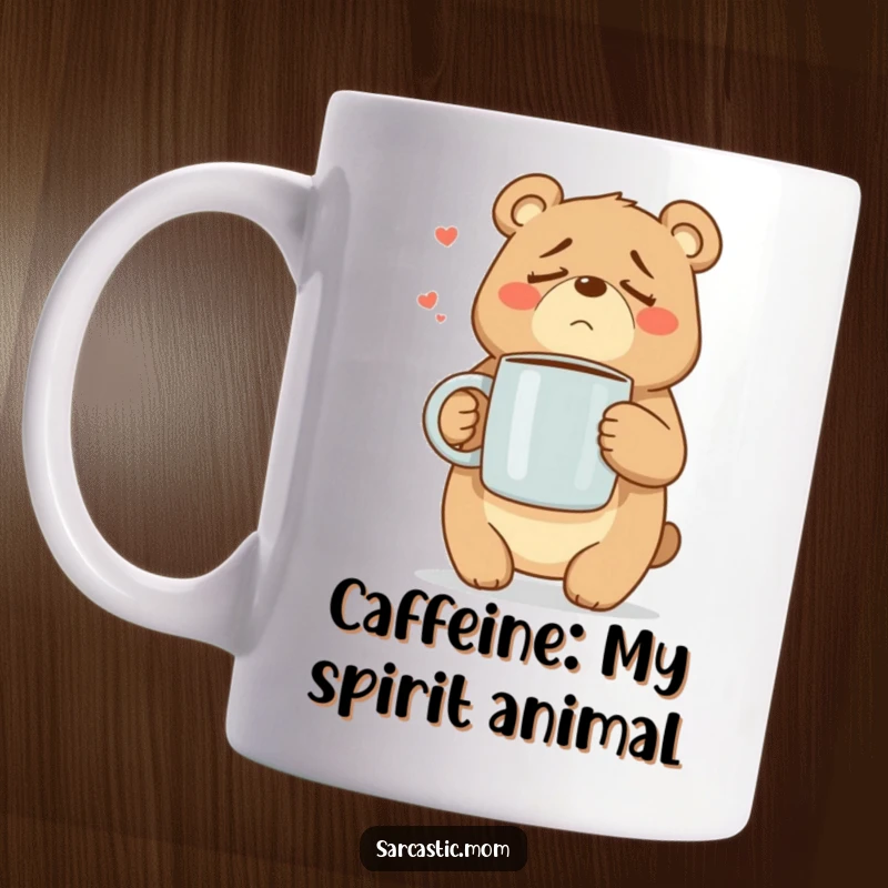 Funny Mama Bear mug featuring a weary bear character sighing contentedly while holding a huge coffee cup, relatable mom humor.