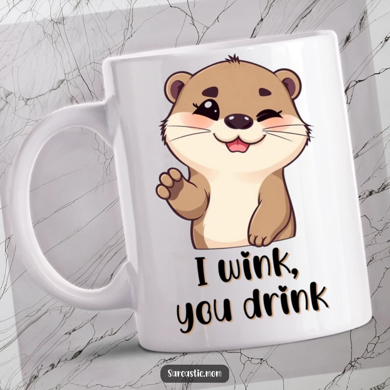 Funny otter mug, smiling with one eyebrow raised, gesturing with a paw, conveying playful confidence. A great funny gift.