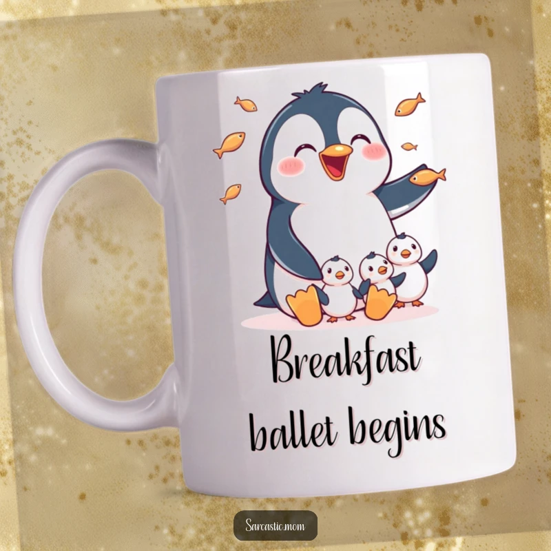Funny Mug: A happy penguin mom playfully juggling tiny fish for her eager chicks, showcasing maternal devotion and good humor.