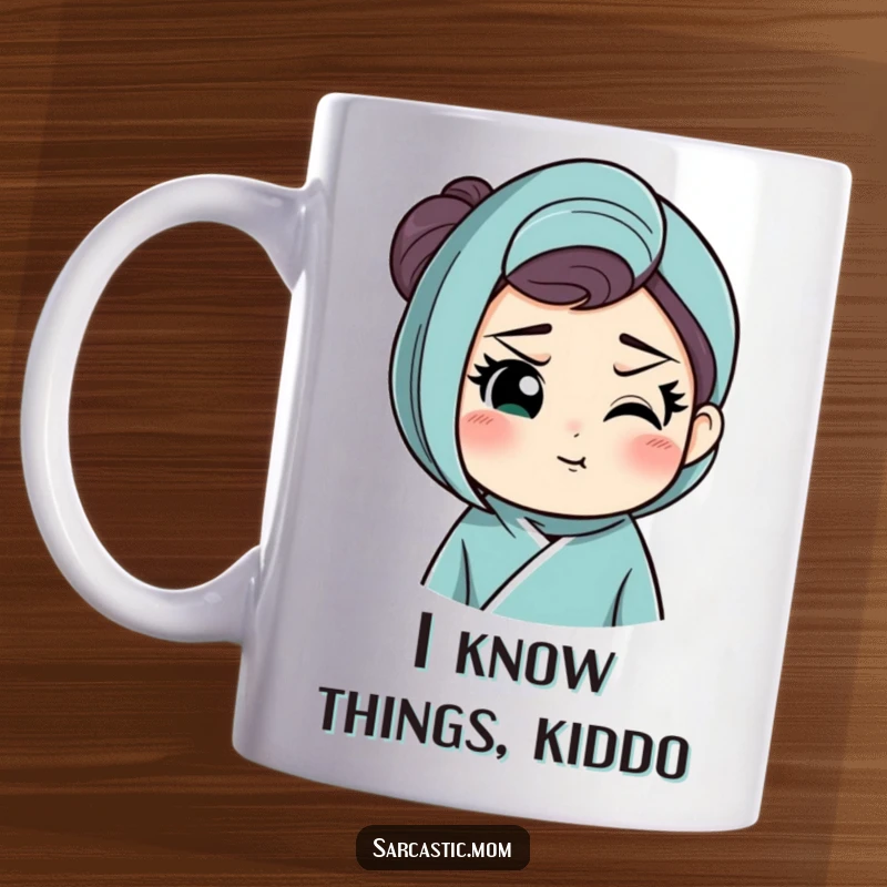 Funny mug featuring a mother figure with a raised eyebrow and a knowing smirk, conveying humorous judgment and wit.