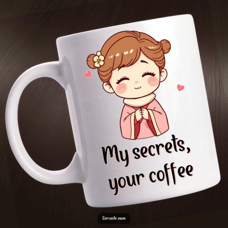 Funny Mug featuring a winking mother figure, sharing a secret with a sly smile, symbolizing trust and inside jokes.
