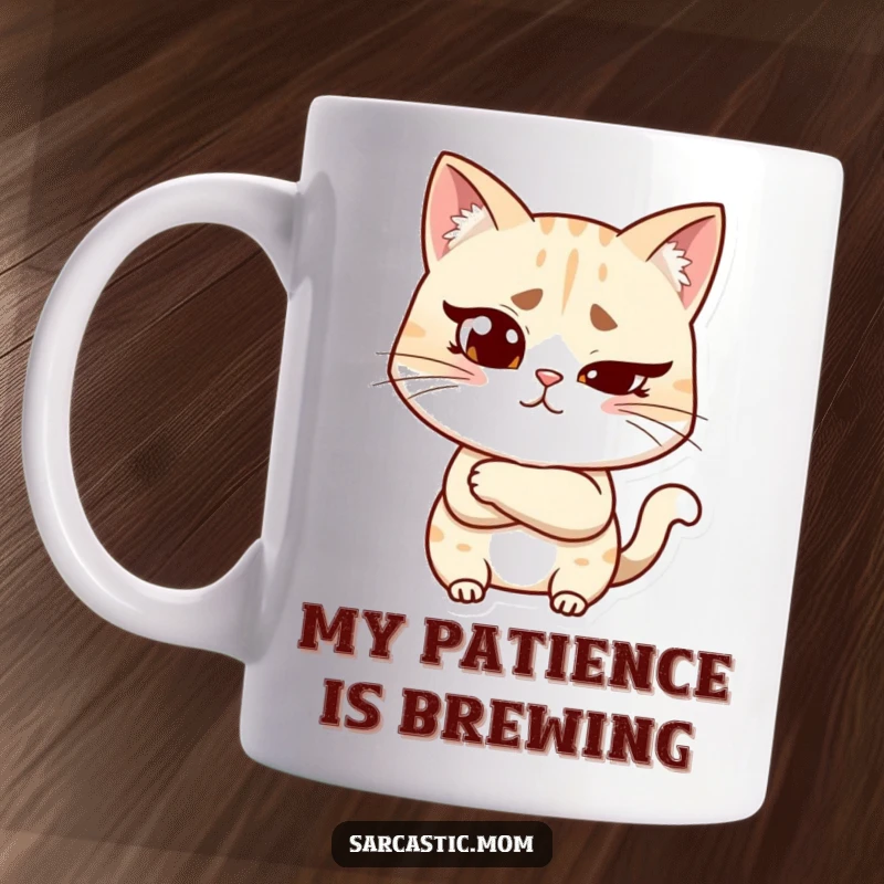 Funny cat mom mug showing a woman with a raised eyebrow and crossed arms, exuding skepticism and feline-inspired judgment.