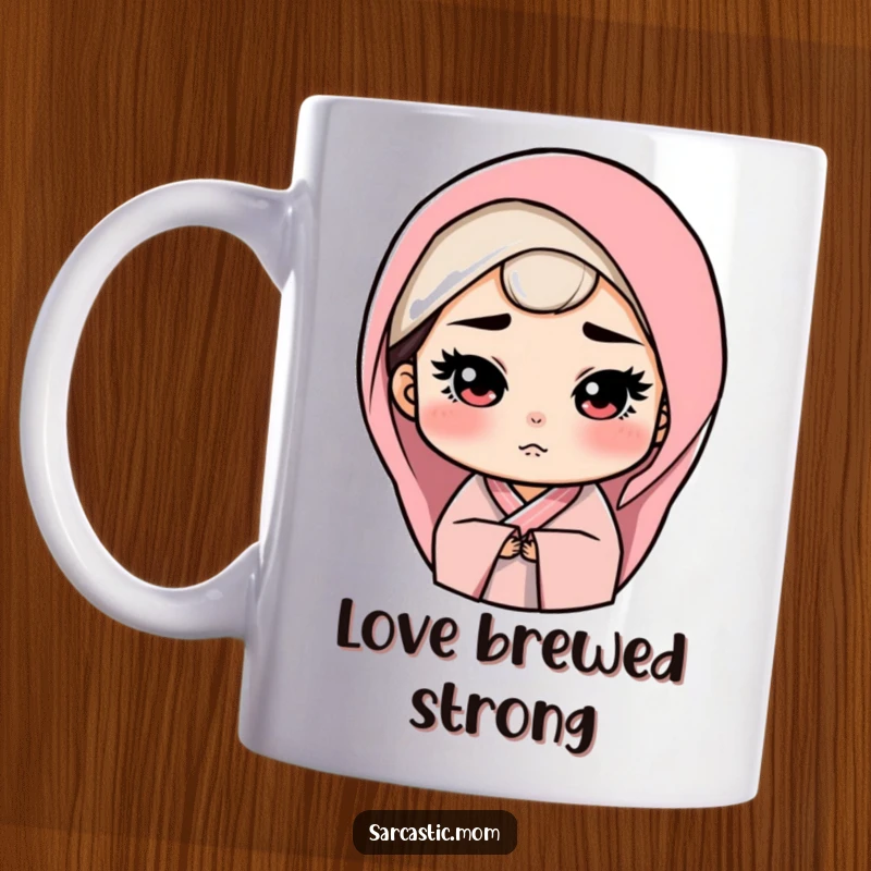 Funny Mug featuring a mother figure with a stern yet loving gaze, conveying authority and unwavering affection, a humorous tribute.