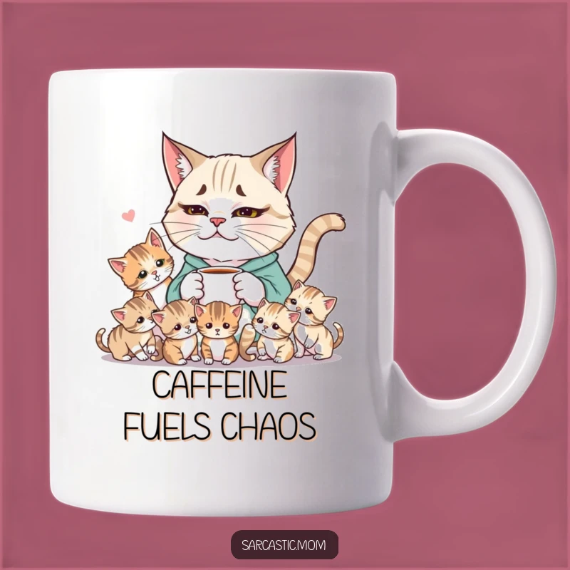 Funny Weary Cat Mom Mug: Coffee Fueled Chaos with Kittens