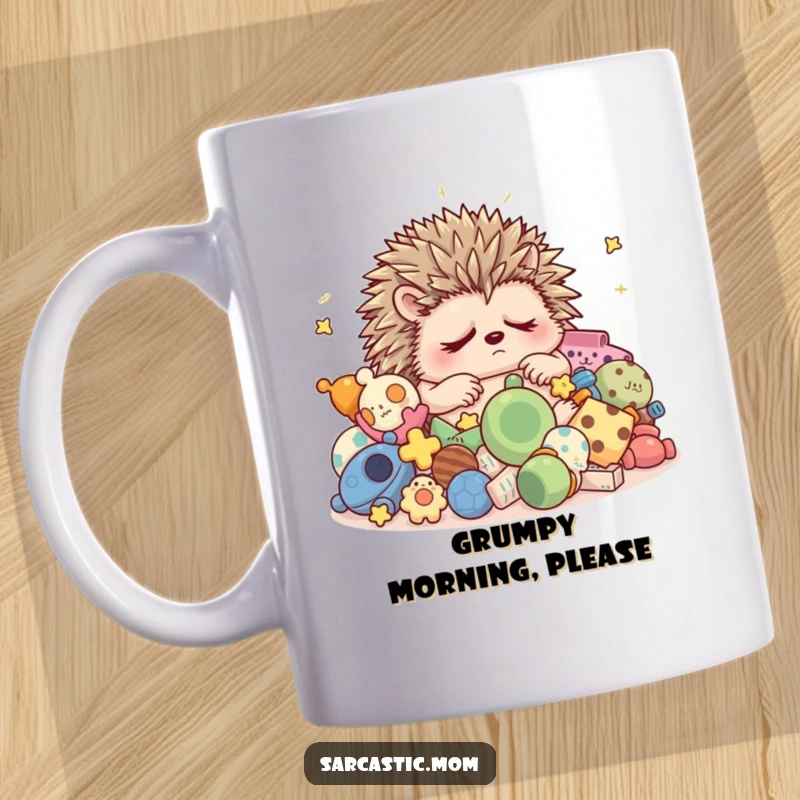 Funny grumpy hedgehog mom trying to sleep among toys, holding a coffee mug, embodying mom exhaustion.