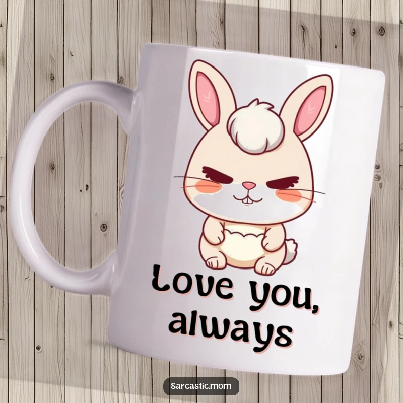Funny Rabbit Mom Mug featuring a rabbit mom with a stern but loving expression, embodying maternal authority and care.