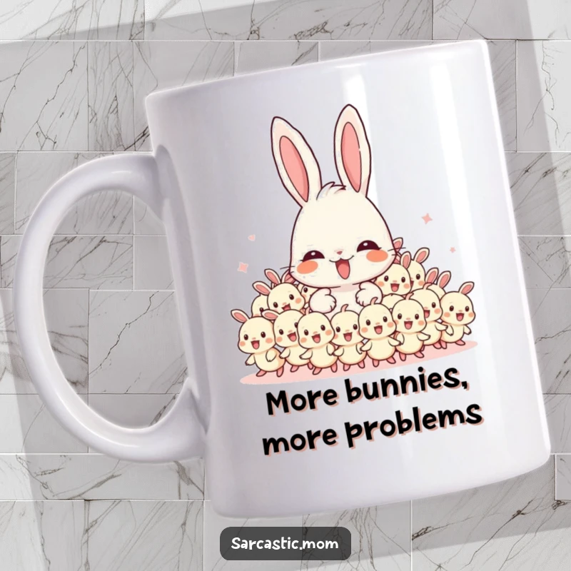 Funny Mama Bunny mug featuring an overwhelmed bunny mom encircled by a swarm of energetic baby bunnies, a symbol of parental exhaustion.