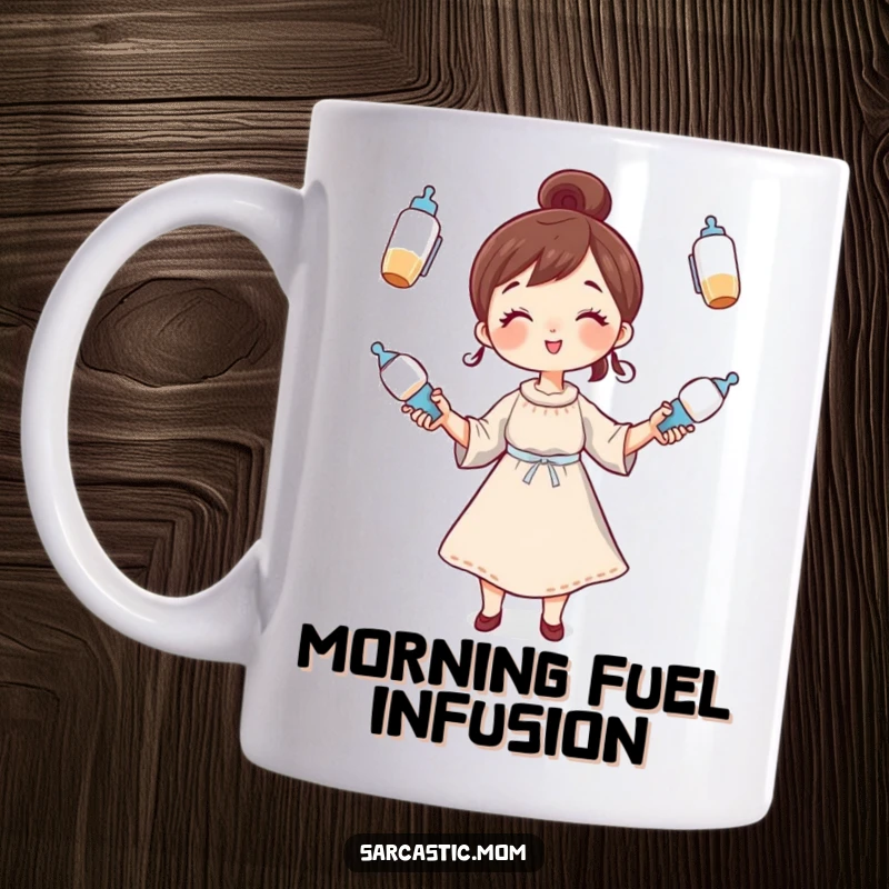 Funny Mug: A whimsical mother character hilariously juggling multiple baby bottles, representing the chaos and love of parenting.