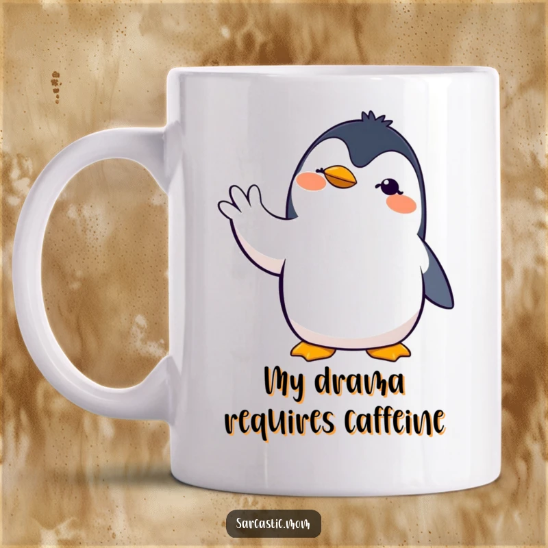 Funny penguin mom mug featuring a dramatic penguin mother with a hand gesture, perfect for a humorous coffee or tea moment.