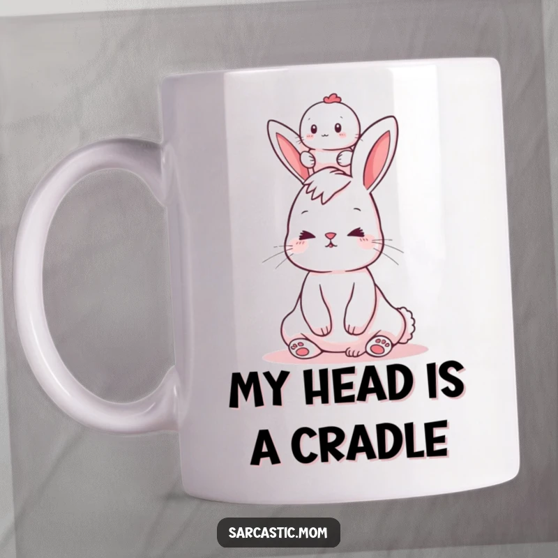 Funny mug featuring a bunny mom precariously balancing a baby on her head, showcasing the hilarious challenges of motherhood.