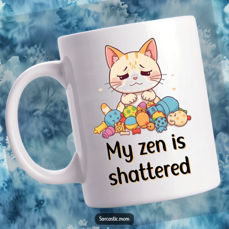 Funny Cat Mom mug featuring an exasperated cat looking at scattered toys, capturing relatable feline parent woes.