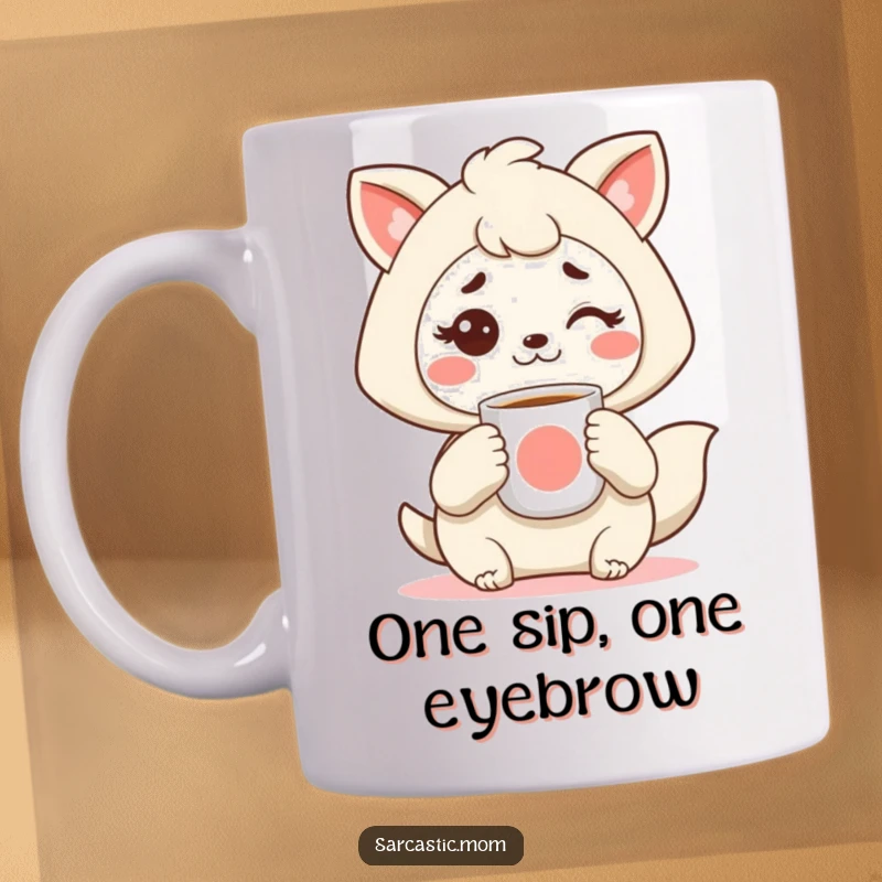 Funny Kawaii mother animal mug, holding a coffee cup with a raised eyebrow, perfectly capturing mom's need for caffeine, a great funny gift.