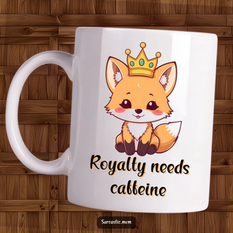 Funny fox cub mug with a tiny, crooked crown, looking adorable and regal. Perfect for a humorous gift.