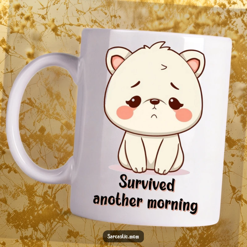 Funny Kawaii Mom animal mug, wearing a knowing, exhausted smile, capturing the essence of motherhood’s challenges.
