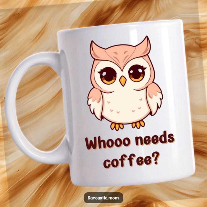 Funny owl mom character with big, wide eyes and a pursed beak, conveying a humorous and slightly stern expression. Perfect for a coffee mug.