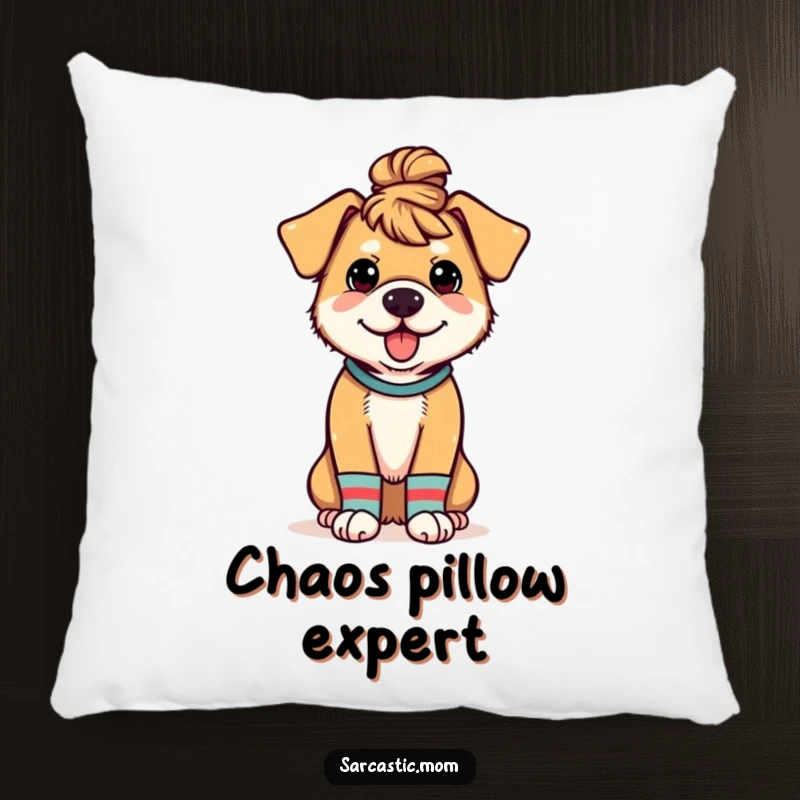 Funny pillow featuring a dog mom with a messy bun and mismatched socks, offering soft comfort and humorous decor.