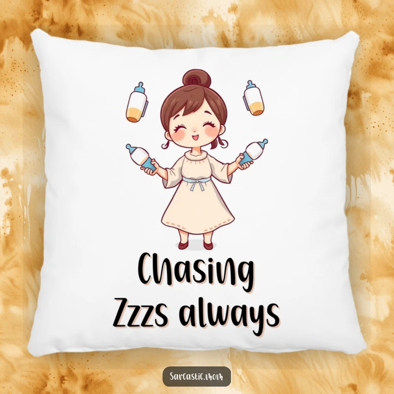Funny Pillow: A whimsical mother character juggling baby bottles, offering comfort and a relatable, humorous decorative accent.