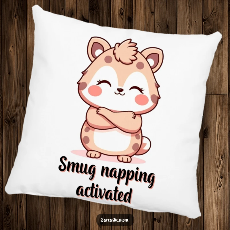 Funny Kawaii mother animal pillow, with arms crossed and a smirk, offering sassy comfort, a delightful funny gift.