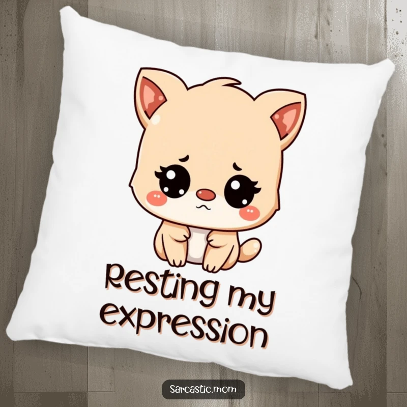 Funny Kawaii mother animal character with an unimpressed but amused expression, a soft decorative pillow.