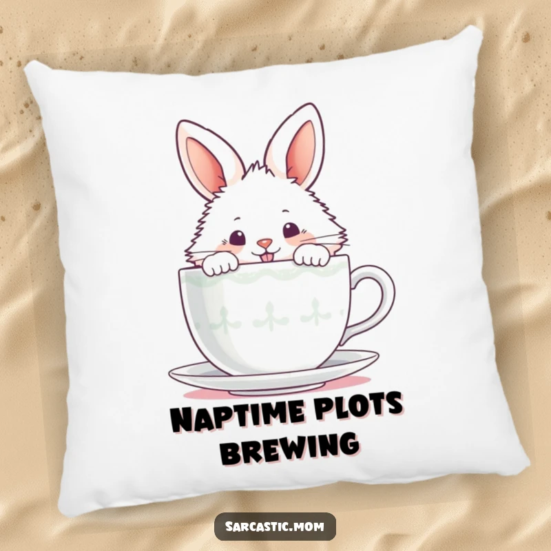 Funny fluffy bunny peeking over a steaming teacup with a mischievous grin on a soft, decorative pillow.