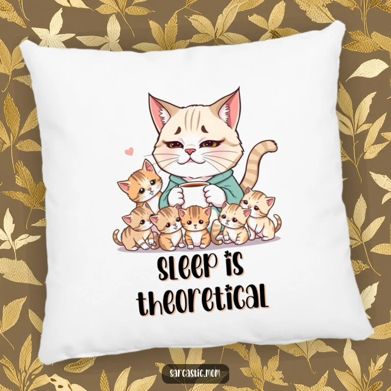 Funny Weary Cat Mom Pillow, a soft depiction of a tired cat mom with coffee, surrounded by chaotic kittens, offering comfort.