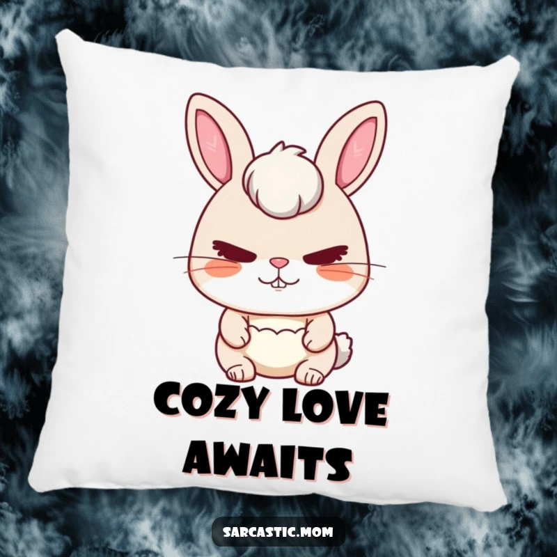 Funny Rabbit Mom Pillow featuring a soft rabbit mom with a stern but loving expression, perfect for decor.