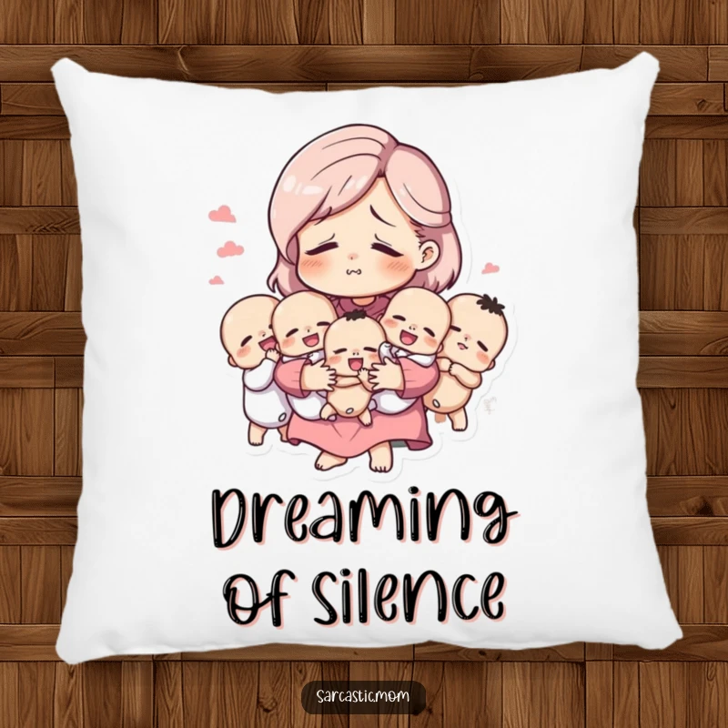 Funny pillow with a tired but amused mother figure holding many babies, offering cozy humor and a relatable depiction of motherhood.