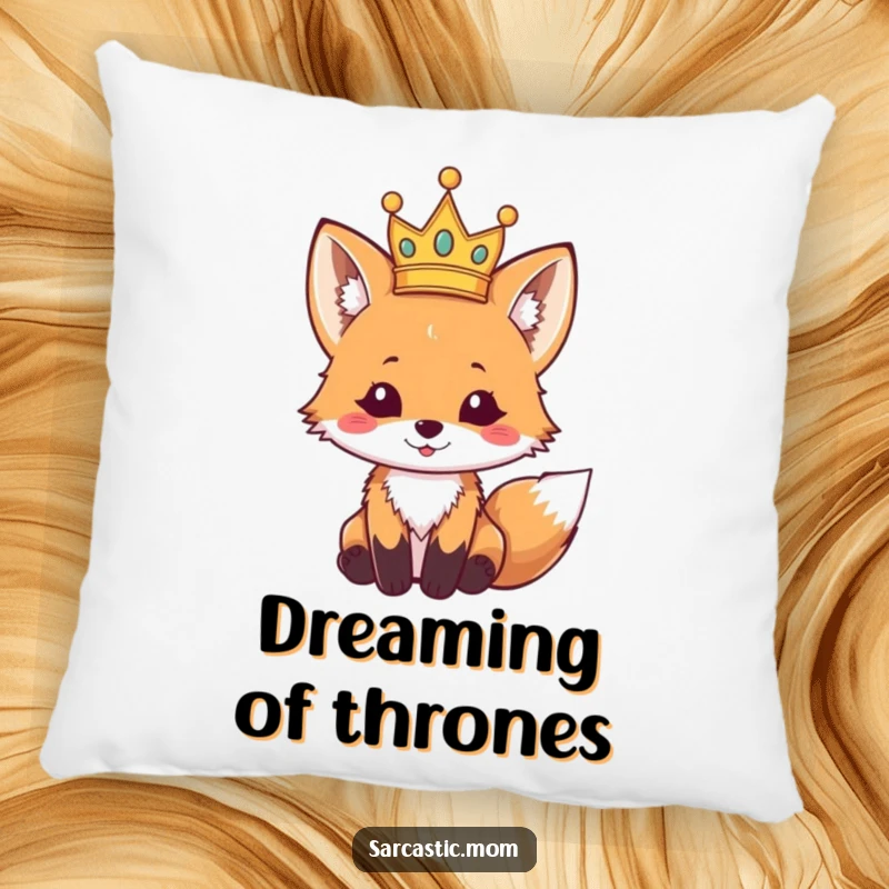 Funny fox cub pillow, artistically depicted with a tiny, lopsided crown, offering cozy and regal charm. An adorable funny gift.