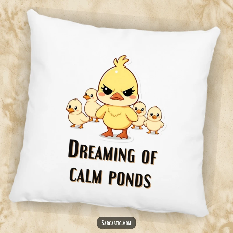 Funny determined mother duck character leading a chaotic line of ducklings on this soft, decorative, and humorous pillow.