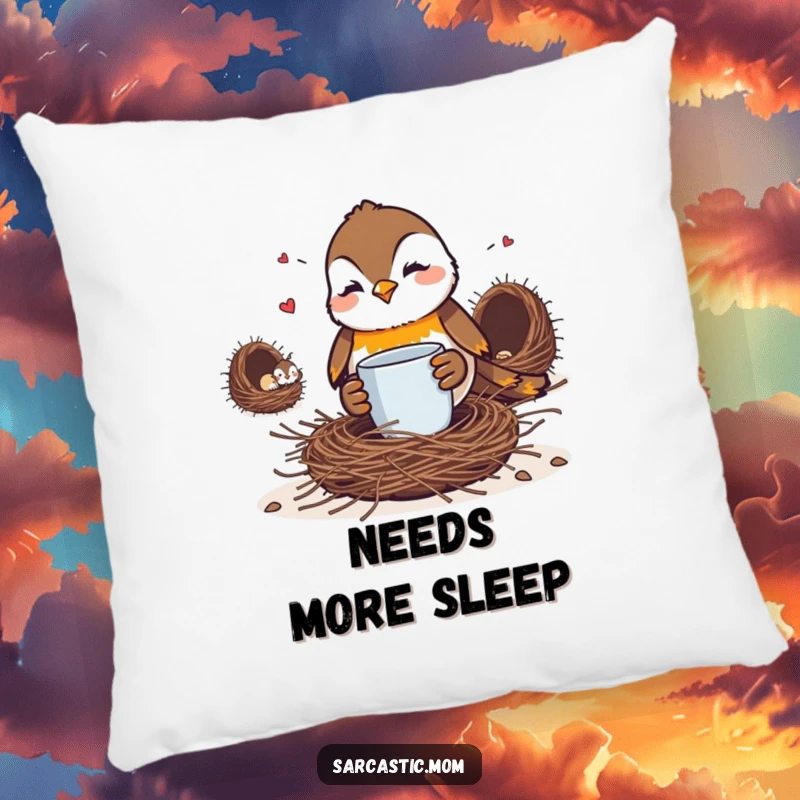 Funny Robin Mom Pillow: A stern robin mother holding a coffee mug, glaring disapprovingly at her untidy nest.