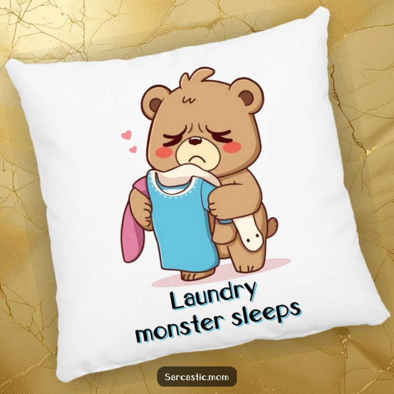 Funny Grumpy Bear Mom Pillow, a soft depiction of a sighing mama bear with laundry, offering comfort and humor.