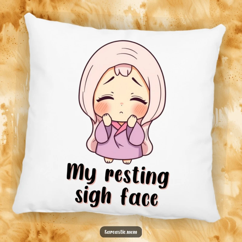 Funny pillow with a mother figure sighing and rolling her eyes, offering cozy humor and a relatable depiction of maternal patience.