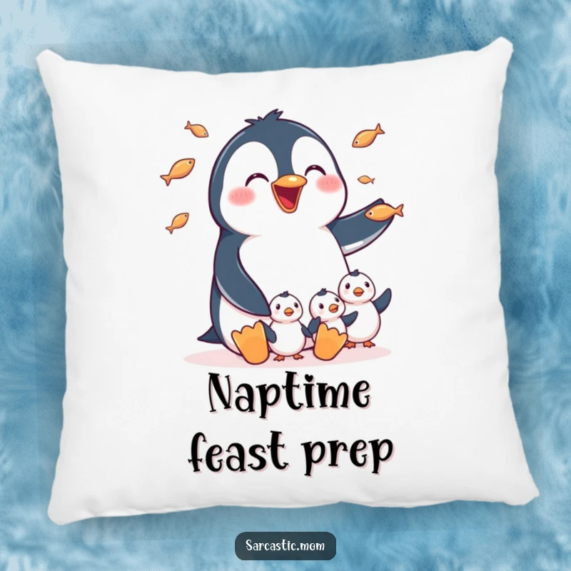 Funny Pillow: A happy penguin mom juggling small fish for her chicks, providing comfort and a heartwarming decorative touch.