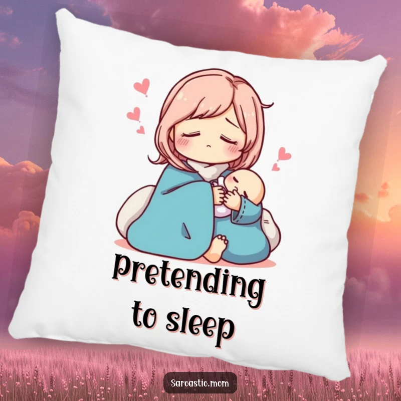 Funny sarcastic mom pillow, pretending to sleep while holding a baby. Cozy and humorous.