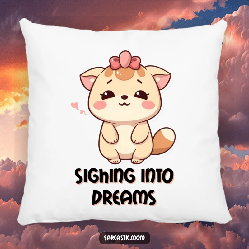 Funny Kawaii Mom Sigh Pillow: A cute mother animal character sighing dramatically with a warm smile. Soft and humorous.