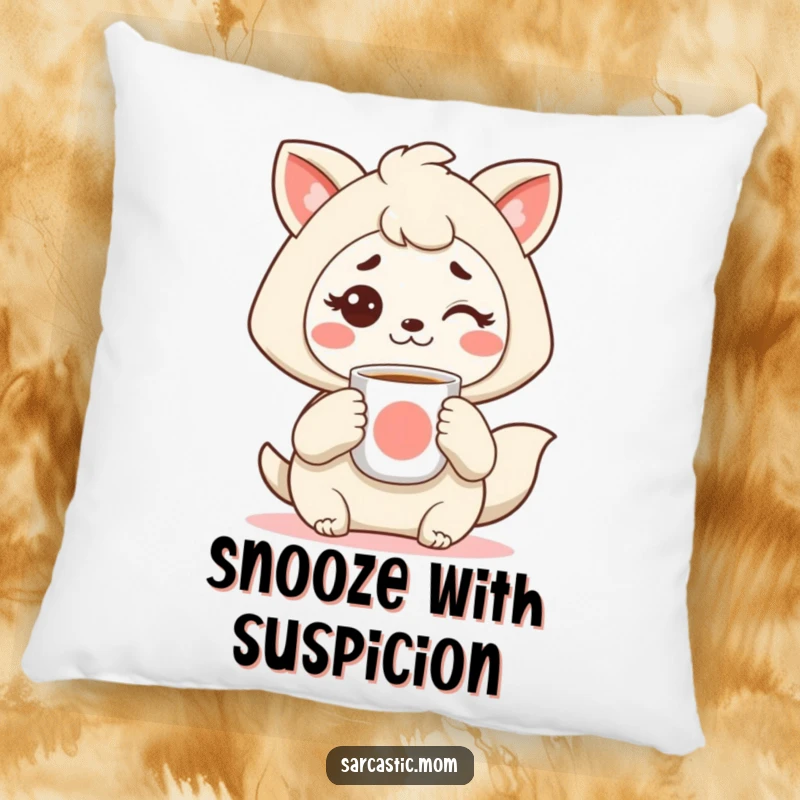 Funny Kawaii mother animal pillow, holding coffee, with a raised eyebrow, offering comfort and sassy humor, a delightful funny gift.