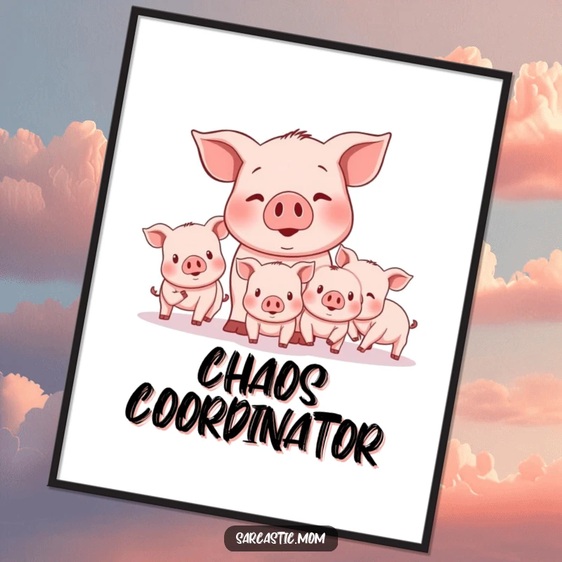 Funny mother pig character trying to herd unruly piglets, depicted in a humorous and charming digital art print.