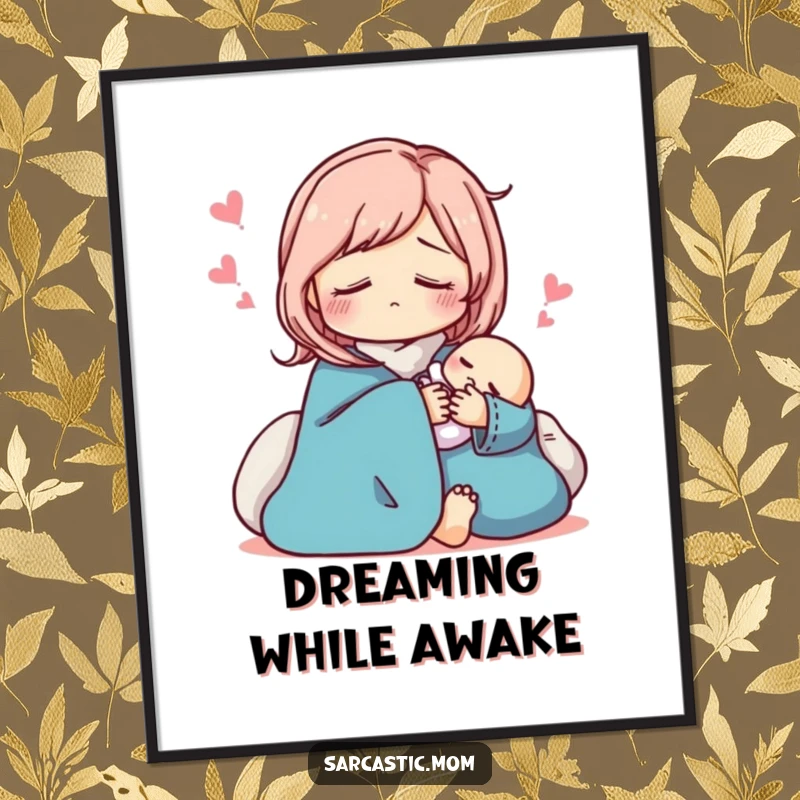 Funny sarcastic mom digital art print, pretending to sleep while holding a baby. Humorous download.