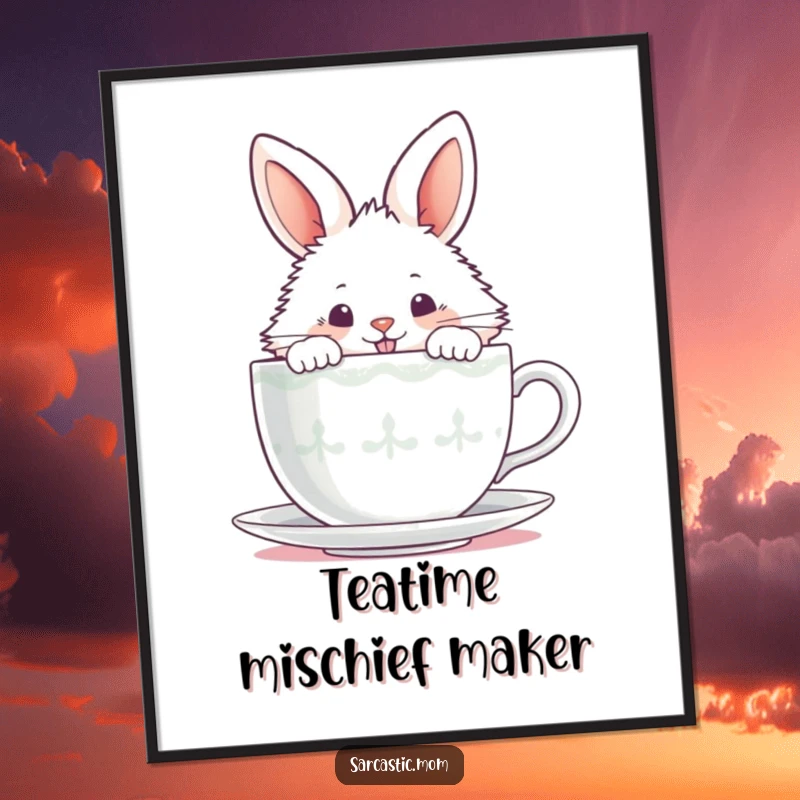 Funny fluffy bunny peeking over a steaming teacup with a mischievous grin, available as a digital art print.