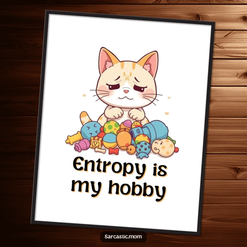 Funny Cat Mom digital art print showing an exasperated mother cat looking at scattered toys, ready for instant download.