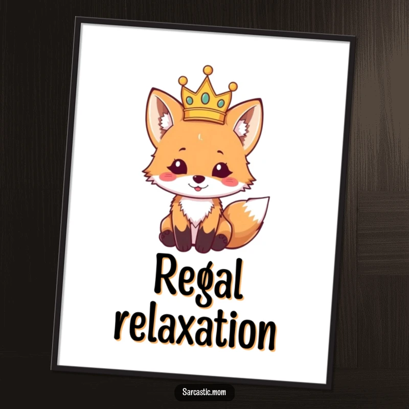 Funny fox cub digital art print, featuring a tiny, lopsided crown, ready to be framed for humorous decor. A downloadable funny gift.