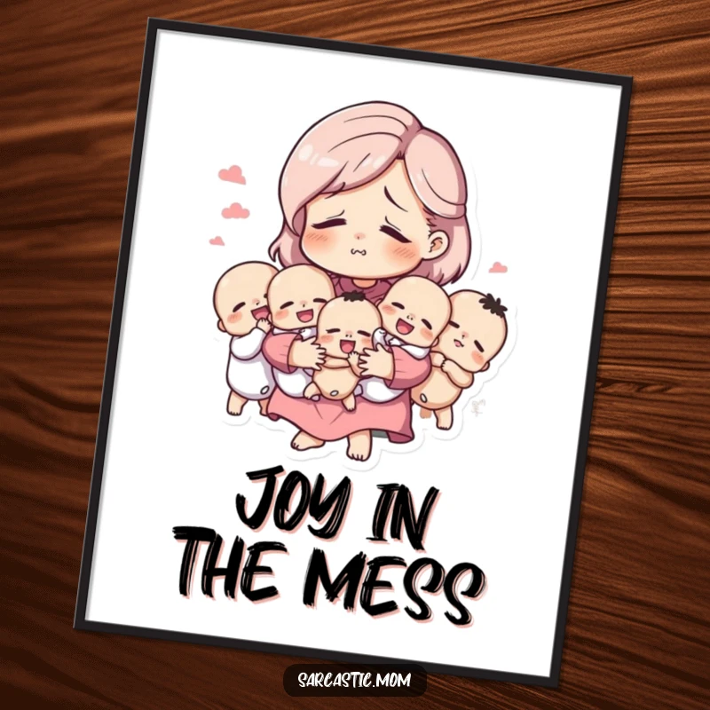 Funny digital art print of a tired but amused mother figure holding many babies, humorously depicting the rewarding exhaustion of parenting.