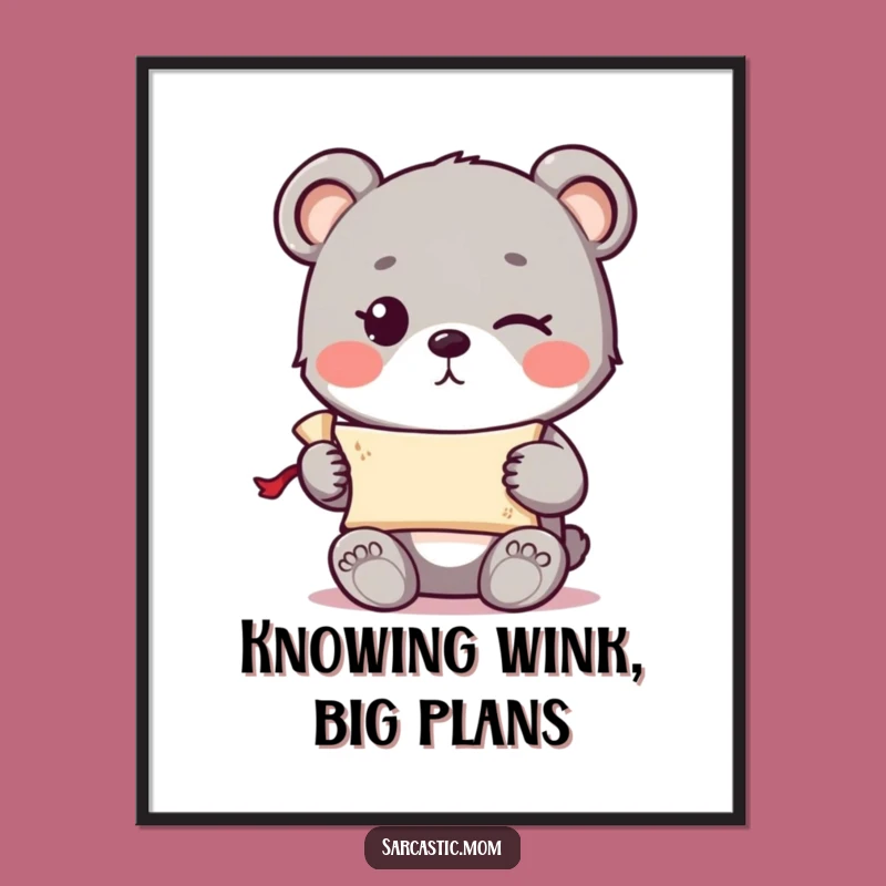Funny Bear Cub Scroll Digital Art - Winking Wisdom, Instant Download Gift!